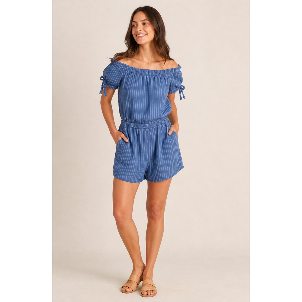 ZARA Chambray Romper Womens XS Blue White Stripe Off Shoulder Pockets Nautical